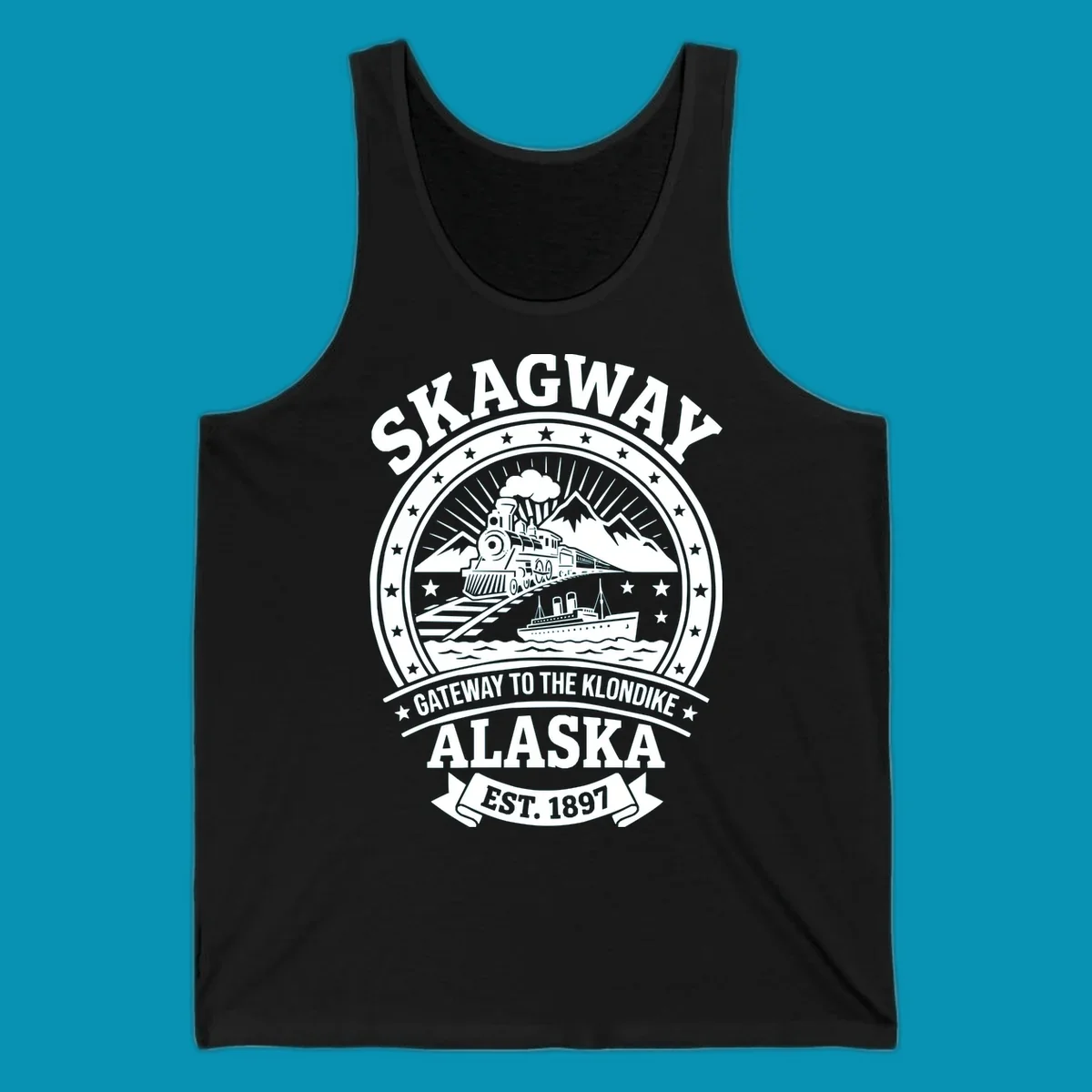 Vintage circular badge design featuring Skagway Klondike Gold Rush imagery with steam locomotive, mountains, steamship, and 1897 establishment date