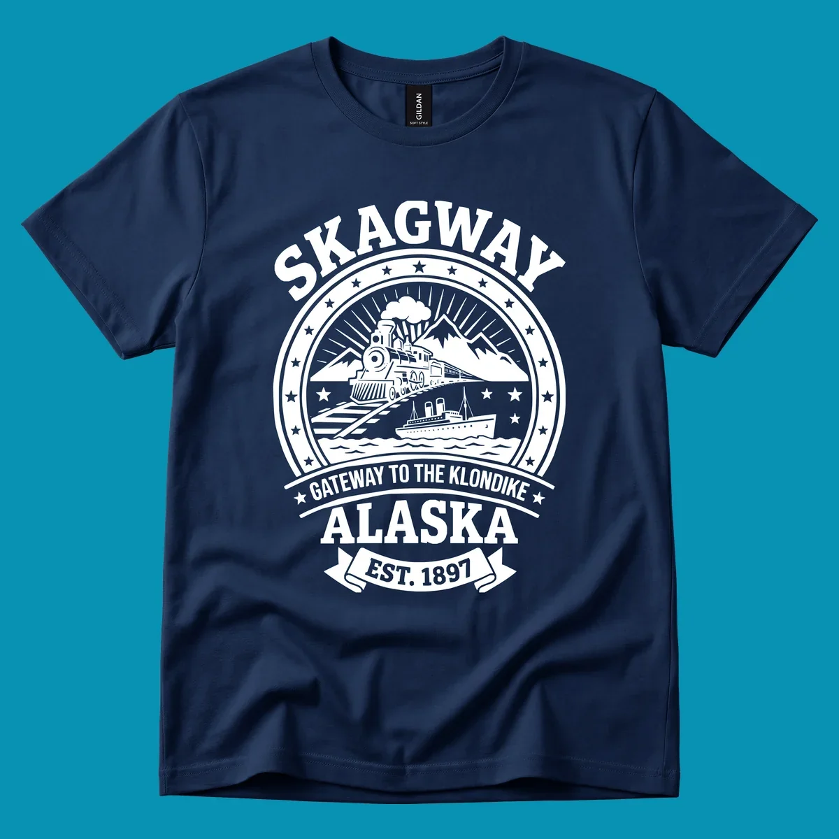 Vintage circular badge design featuring Skagway Klondike Gold Rush imagery with steam locomotive, mountains, steamship, and 1897 establishment date