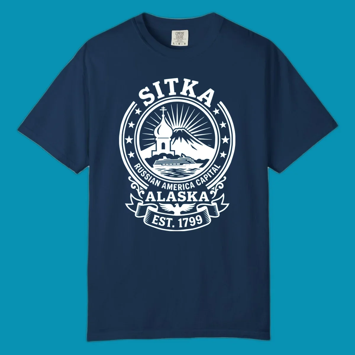 Vintage circular badge design featuring Sitka Russian Orthodox church, mountain, and cruise ship with ornamental stars and scrollwork