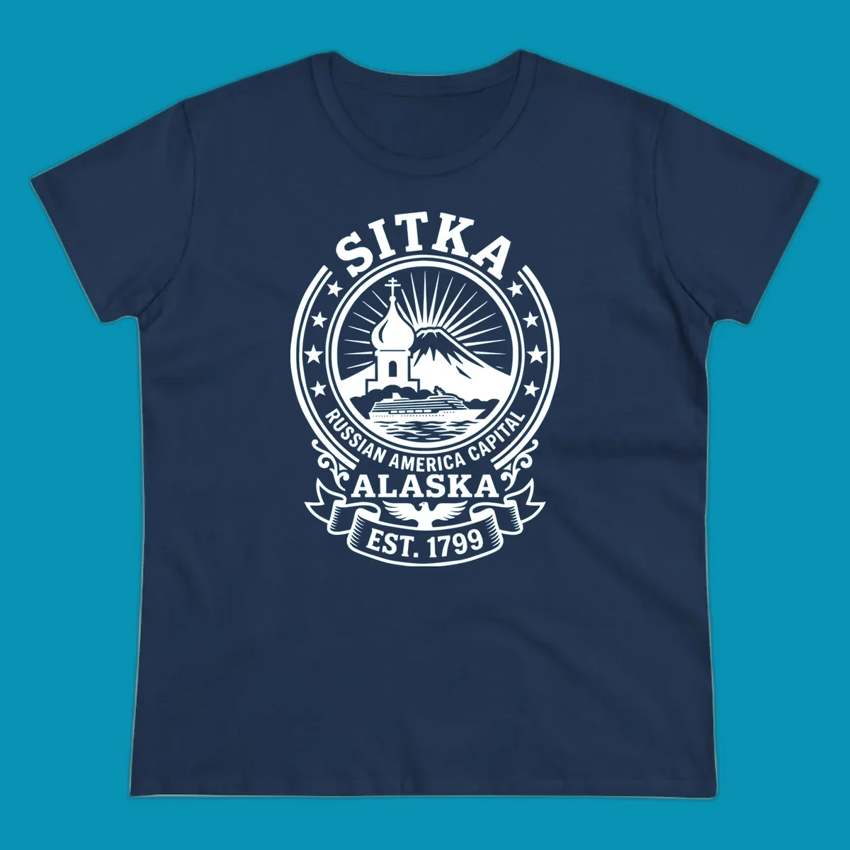 Vintage circular badge design featuring Sitka Russian Orthodox church, mountain, and cruise ship with ornamental stars and scrollwork