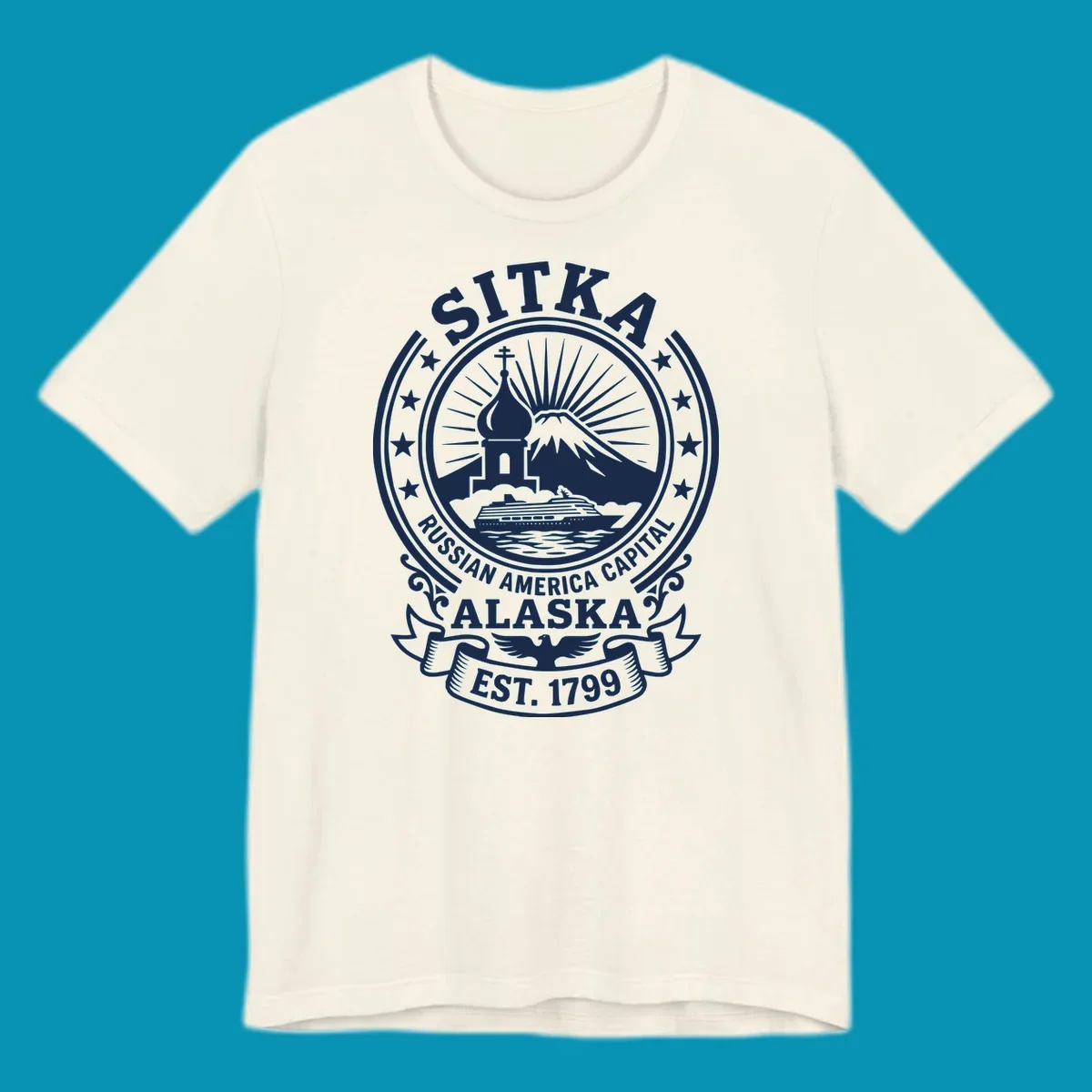 Vintage circular badge design featuring Sitka Russian Orthodox church, mountain, and cruise ship with ornamental stars and scrollwork