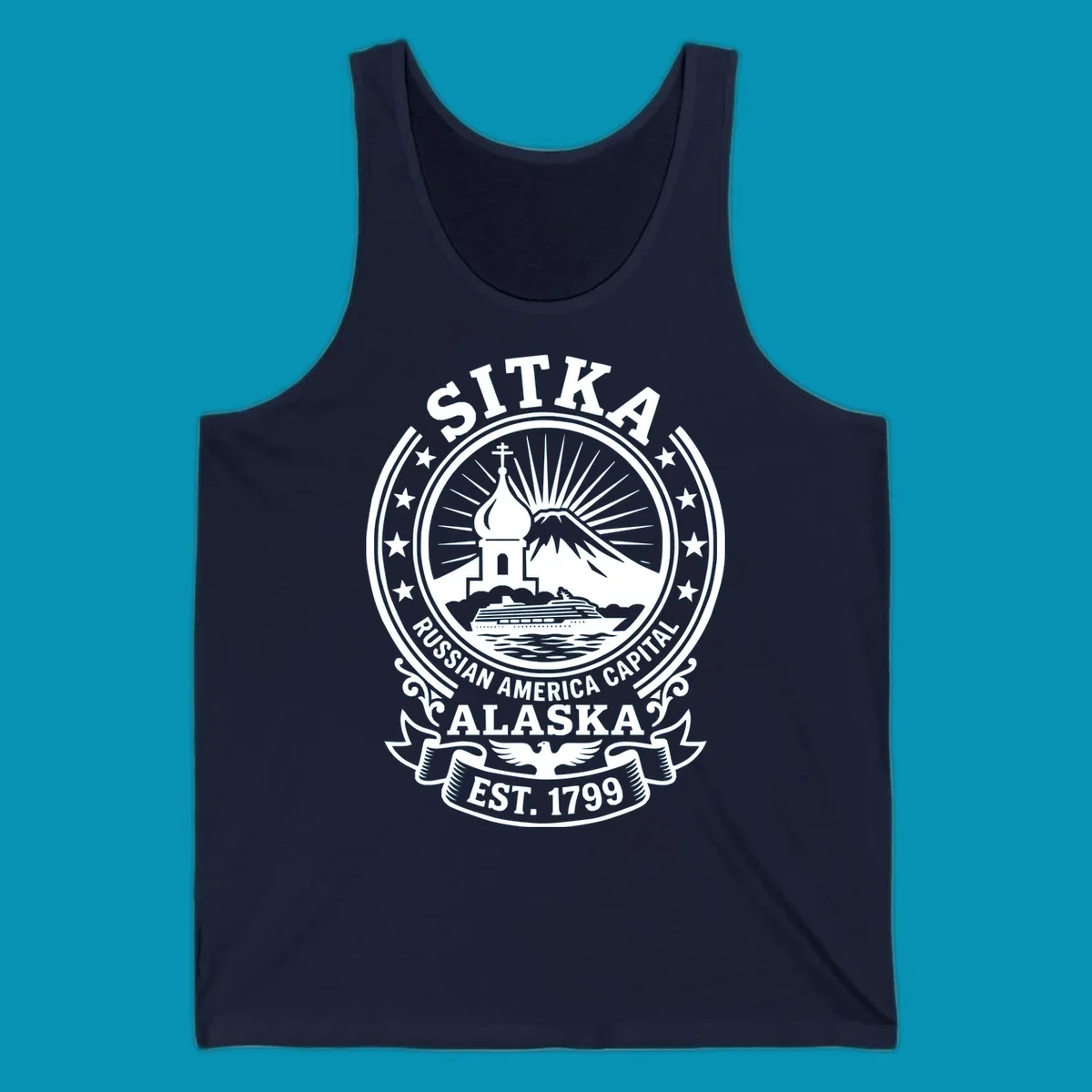 Vintage circular badge design featuring Sitka Russian Orthodox church, mountain, and cruise ship with ornamental stars and scrollwork