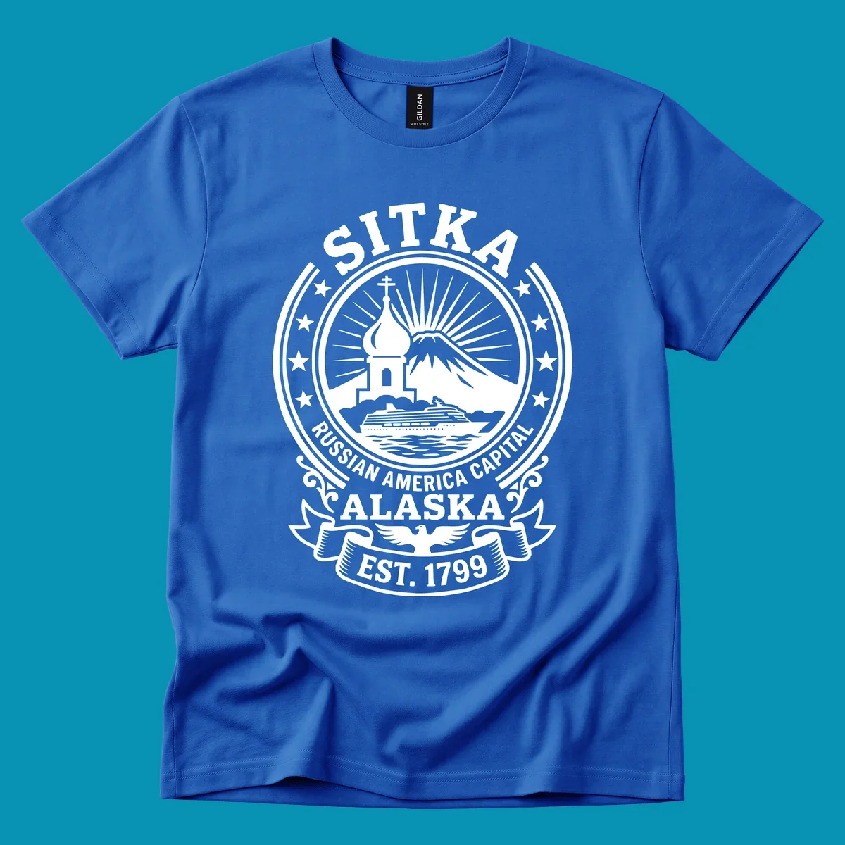Vintage circular badge design featuring Sitka Russian Orthodox church, mountain, and cruise ship with ornamental stars and scrollwork