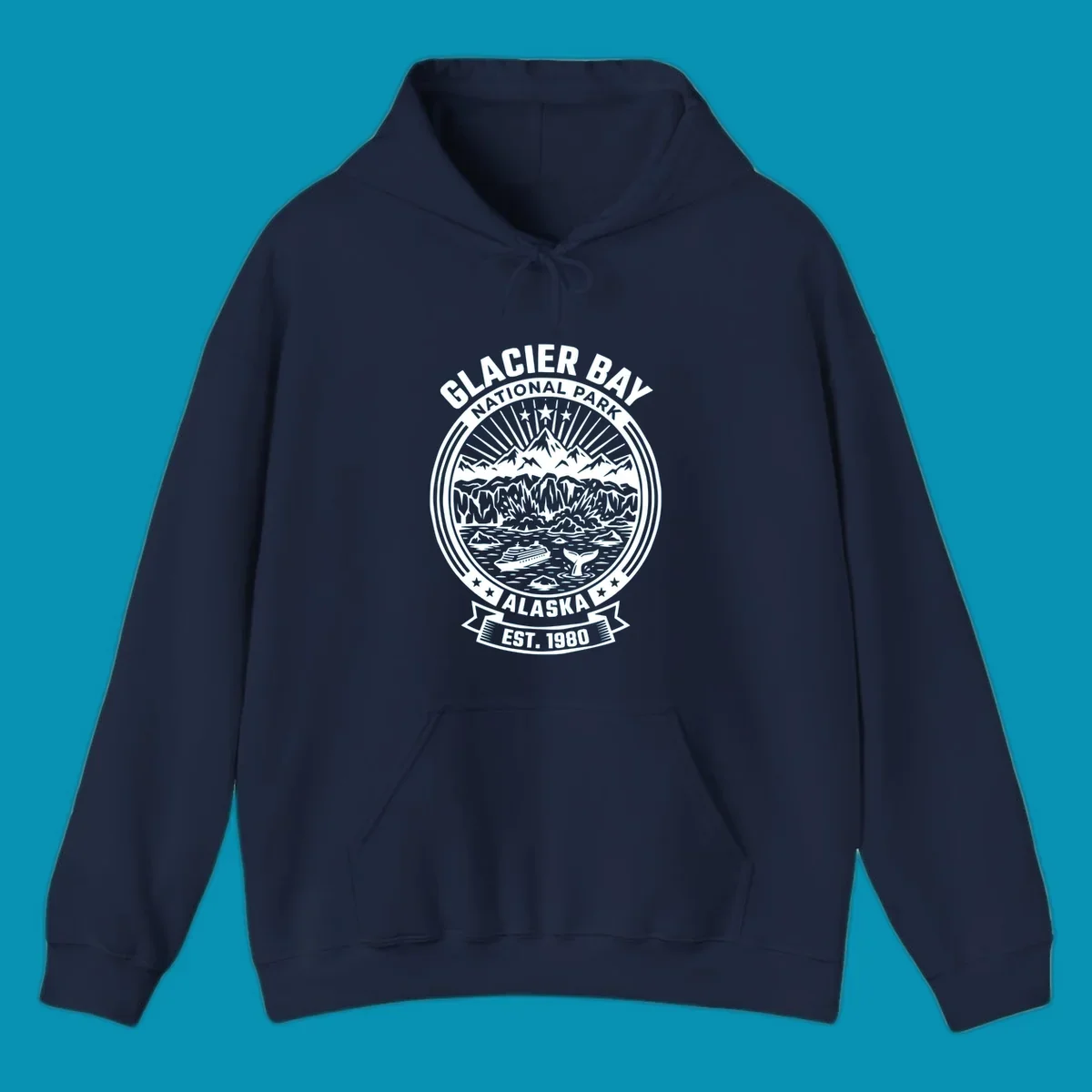Glacier Bay National Park circular badge with mountains, cruise ship, whale tail, and icebergs, established 1980