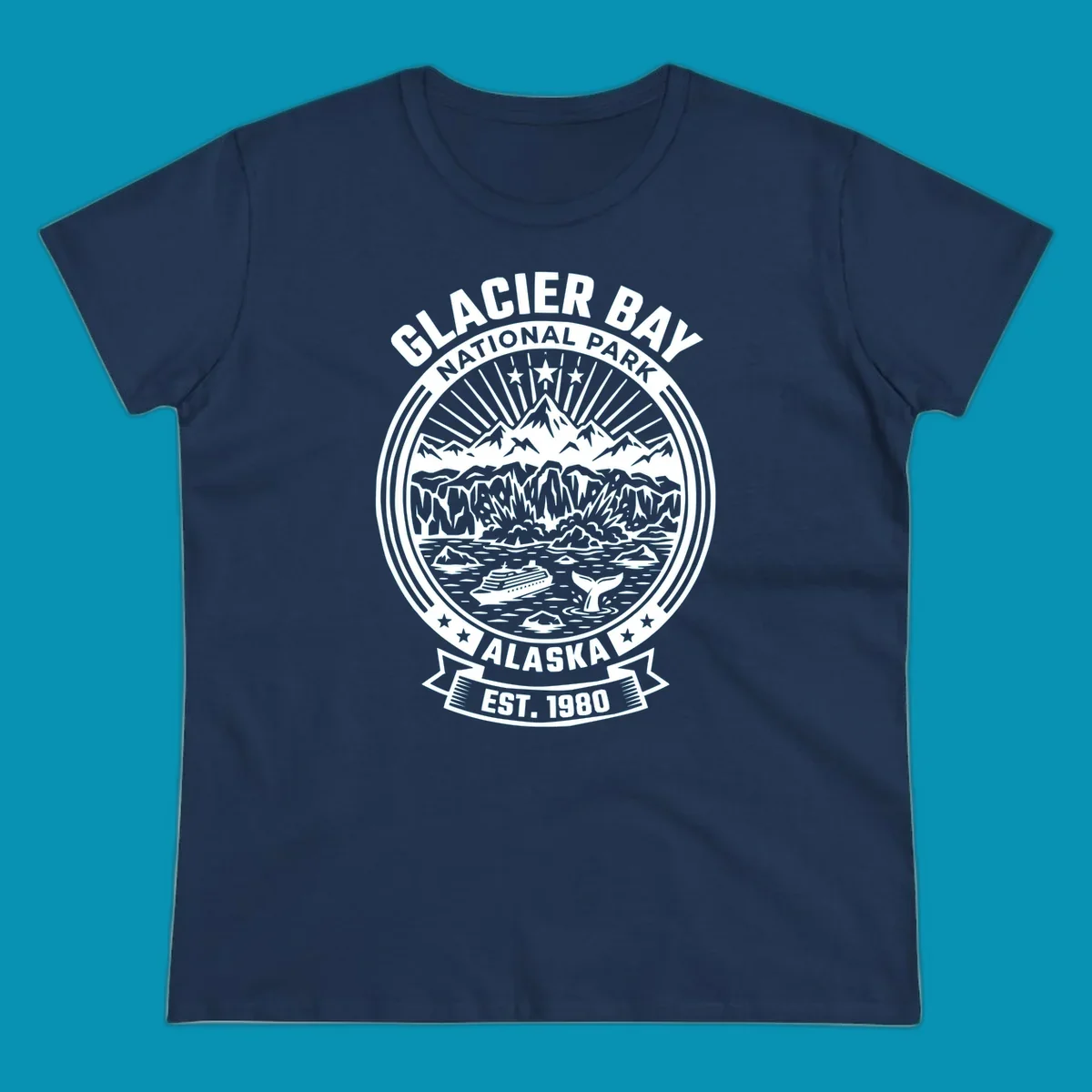 Glacier Bay National Park circular badge with mountains, cruise ship, whale tail, and icebergs, established 1980