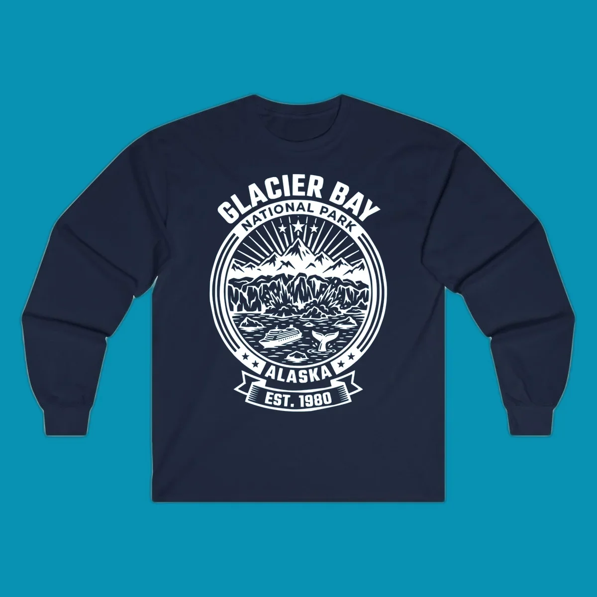 Glacier Bay National Park circular badge with mountains, cruise ship, whale tail, and icebergs, established 1980