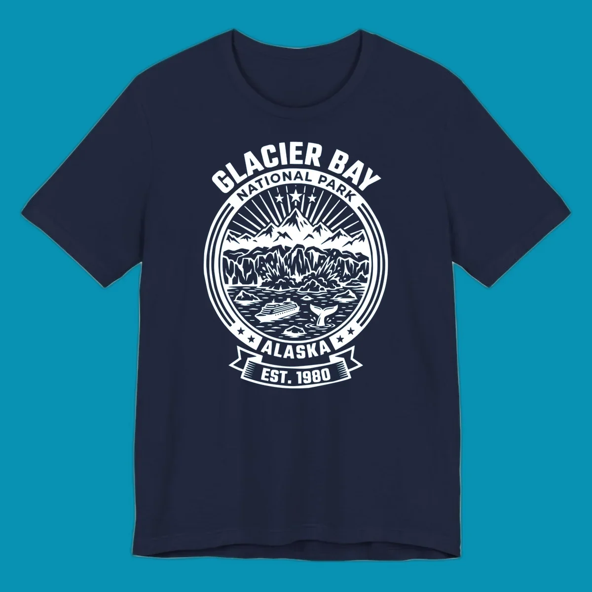 Glacier Bay National Park circular badge with mountains, cruise ship, whale tail, and icebergs, established 1980