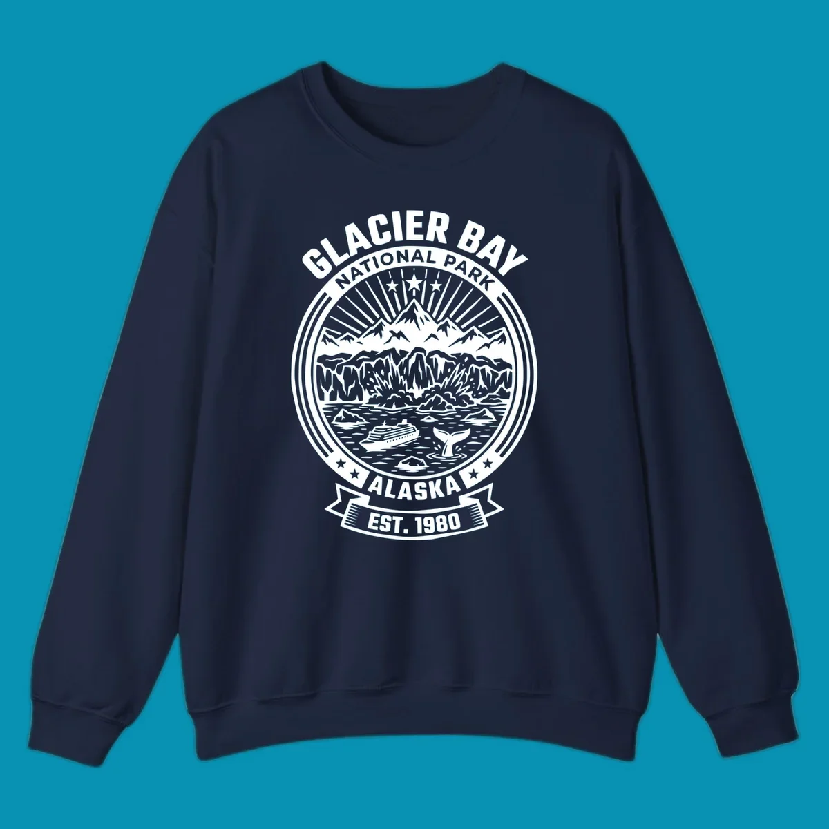 Glacier Bay National Park circular badge with mountains, cruise ship, whale tail, and icebergs, established 1980