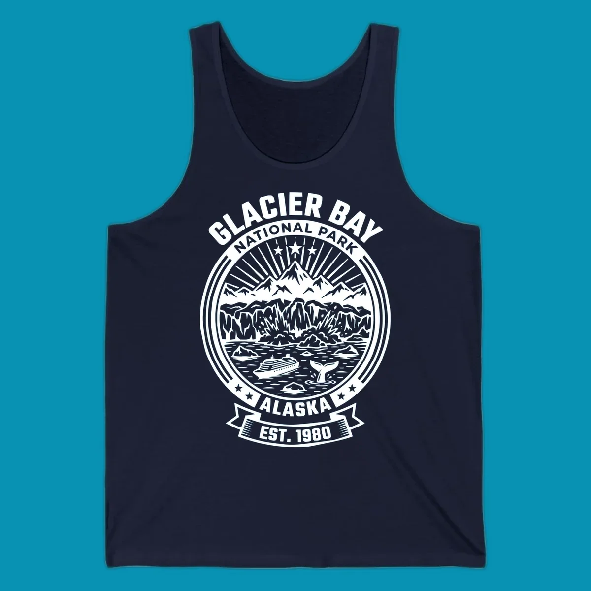 Glacier Bay National Park circular badge with mountains, cruise ship, whale tail, and icebergs, established 1980