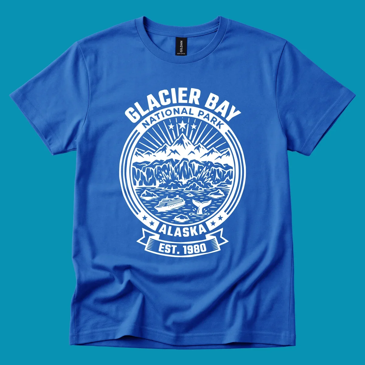 Glacier Bay National Park circular badge with mountains, cruise ship, whale tail, and icebergs, established 1980