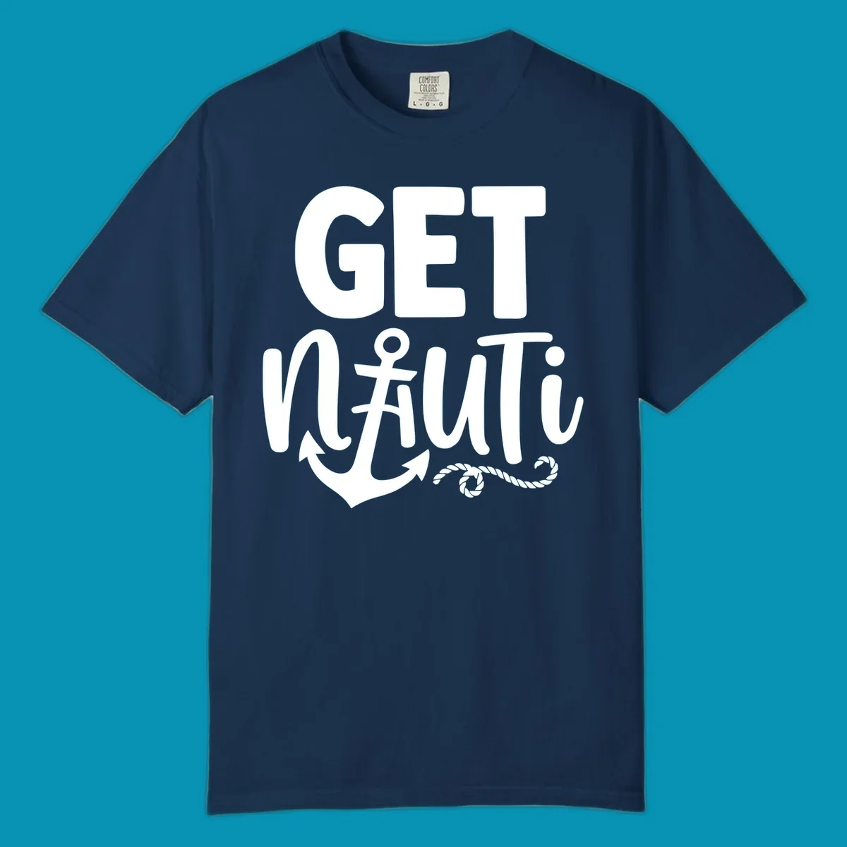 White nautical design with 'GET NAUTICAL' text, anchor symbol integrated into letter A, cross, and rope details on gray background