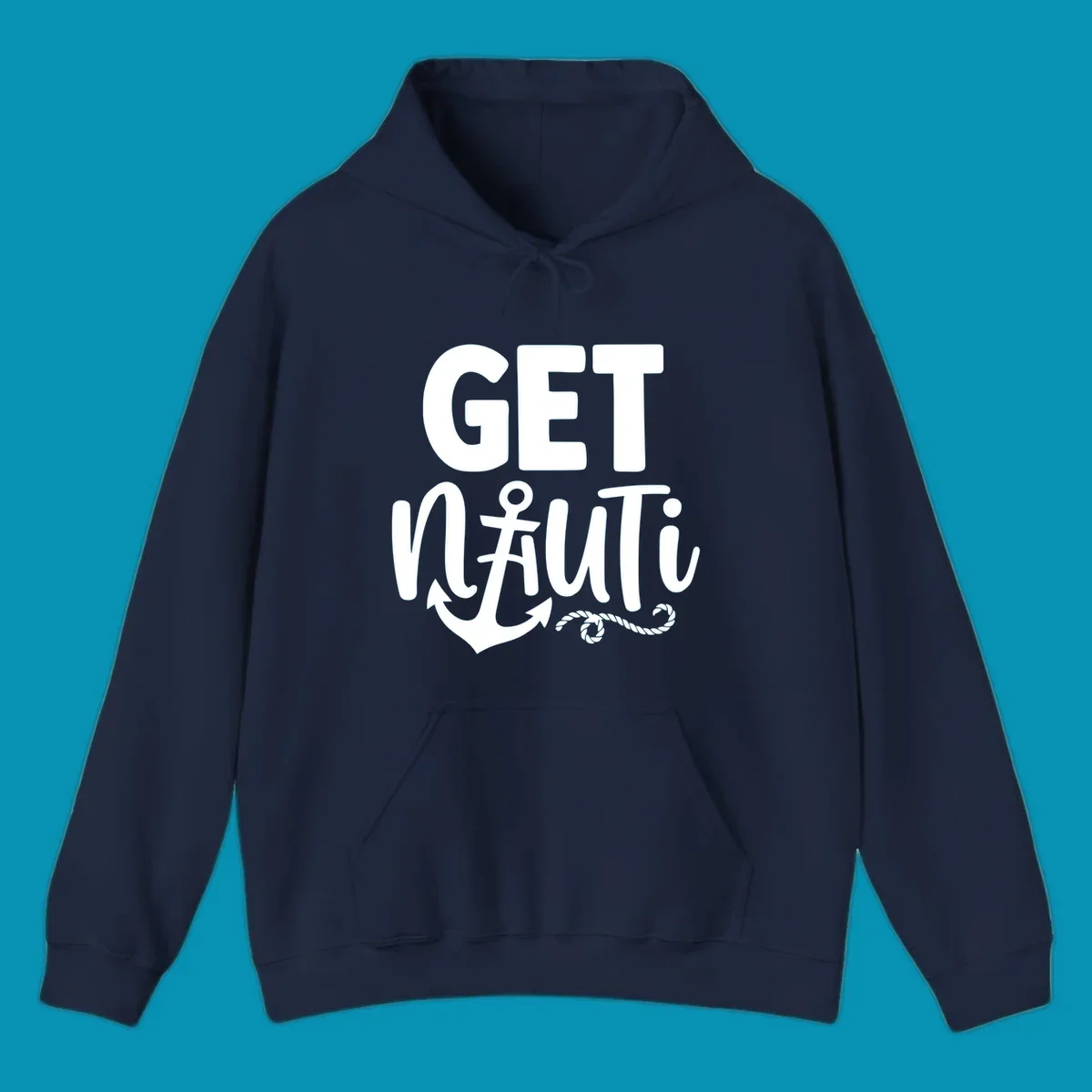 White nautical design with 'GET NAUTICAL' text, anchor symbol integrated into letter A, cross, and rope details on gray background