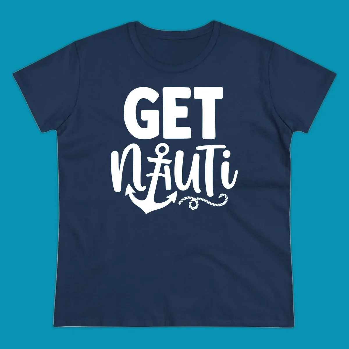 White nautical design with 'GET NAUTICAL' text, anchor symbol integrated into letter A, cross, and rope details on gray background