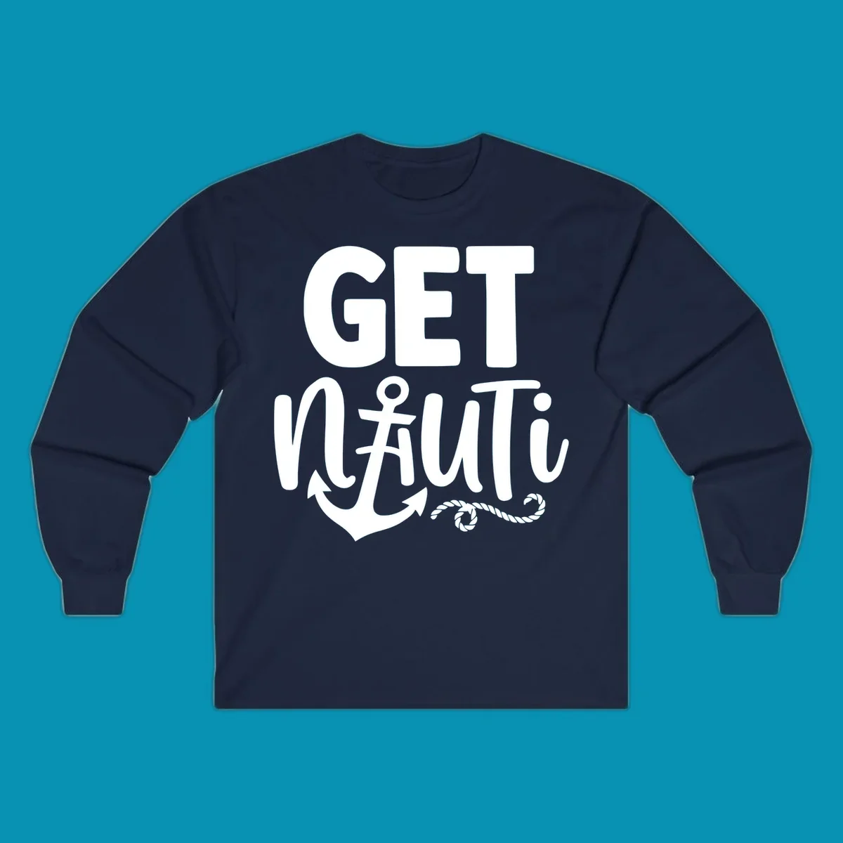 White nautical design with 'GET NAUTICAL' text, anchor symbol integrated into letter A, cross, and rope details on gray background