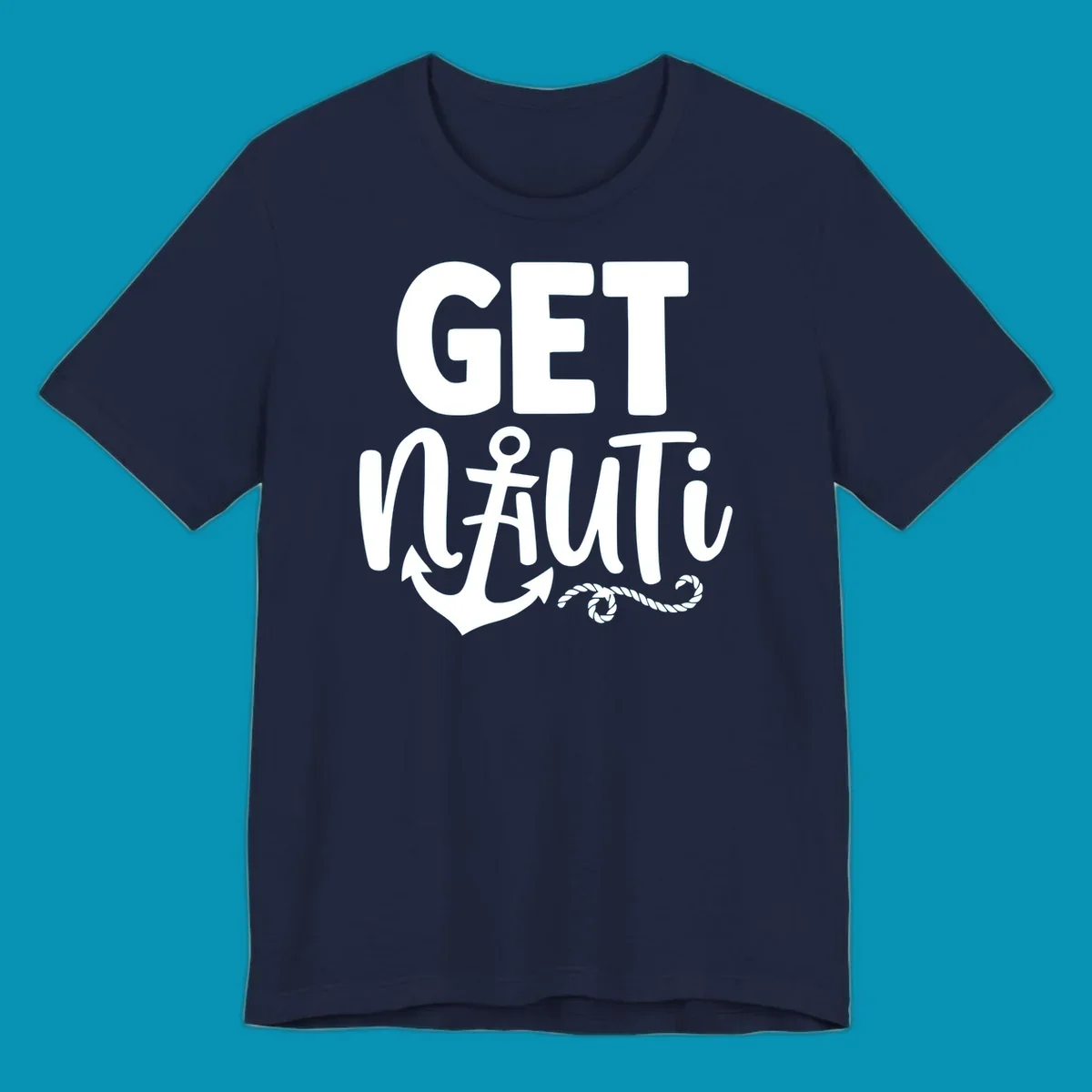 White nautical design with 'GET NAUTICAL' text, anchor symbol integrated into letter A, cross, and rope details on gray background