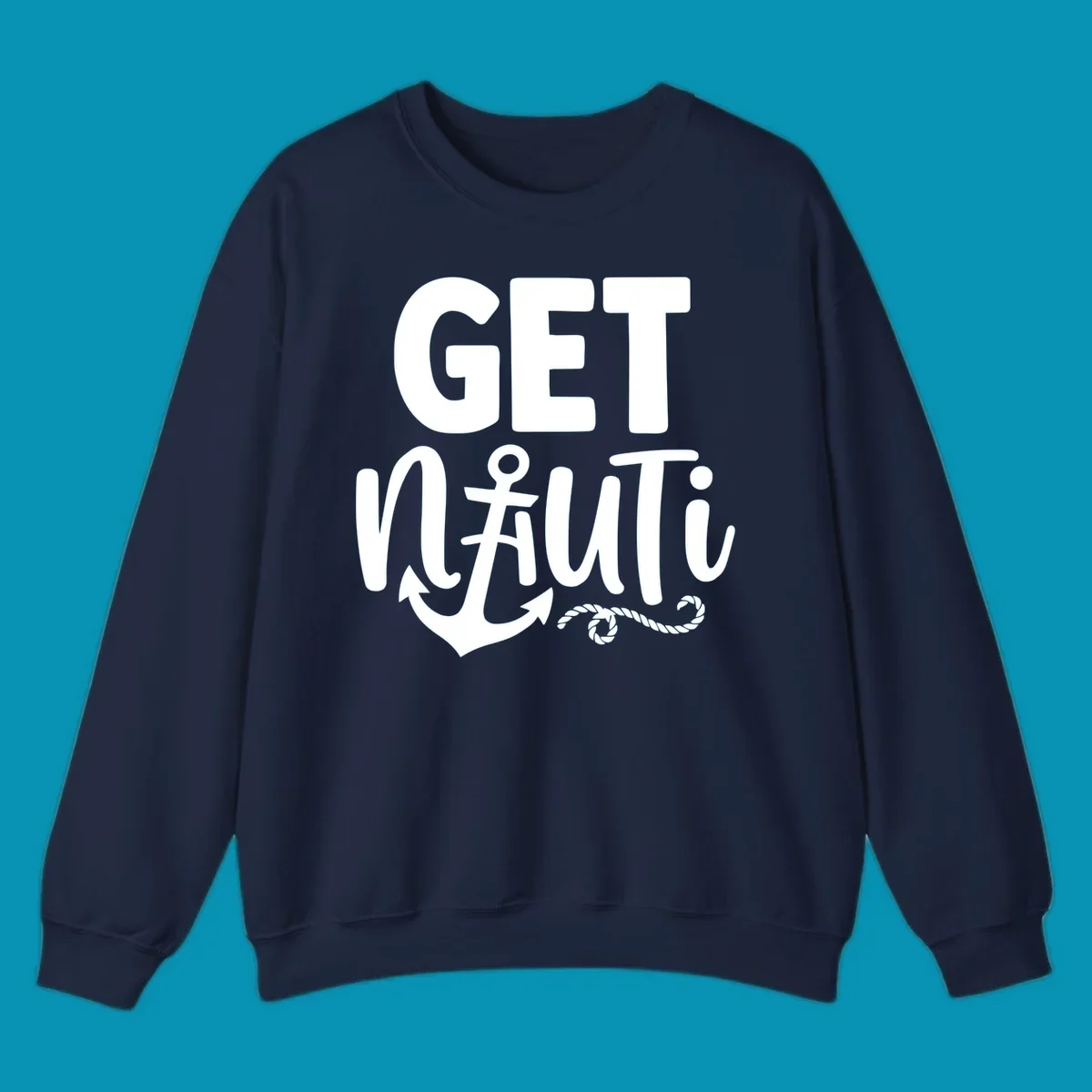 White nautical design with 'GET NAUTICAL' text, anchor symbol integrated into letter A, cross, and rope details on gray background