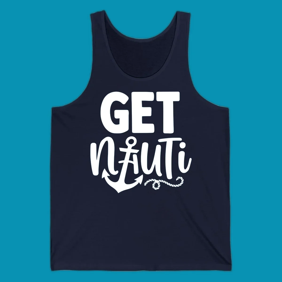 White nautical design with 'GET NAUTICAL' text, anchor symbol integrated into letter A, cross, and rope details on gray background