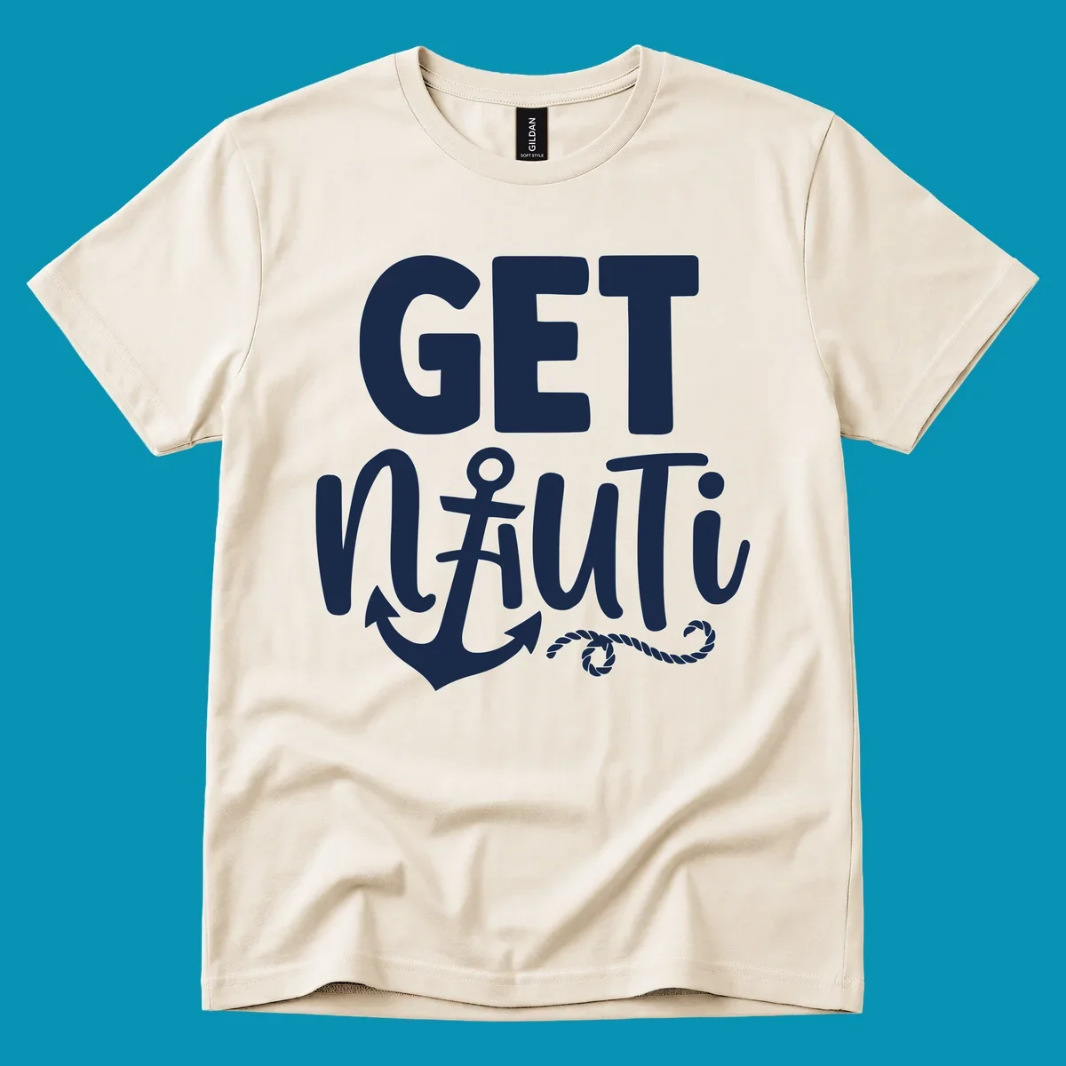 White nautical design with 'GET NAUTICAL' text, anchor symbol integrated into letter A, cross, and rope details on gray background