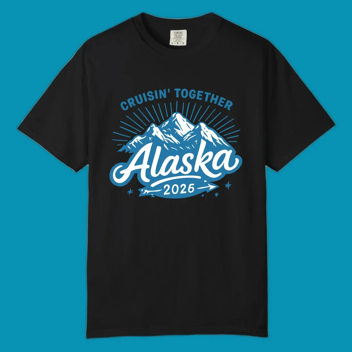 Cruisin Together Alaska design with three snow-capped mountains, radiating sun rays, and decorative stars on blue and white background