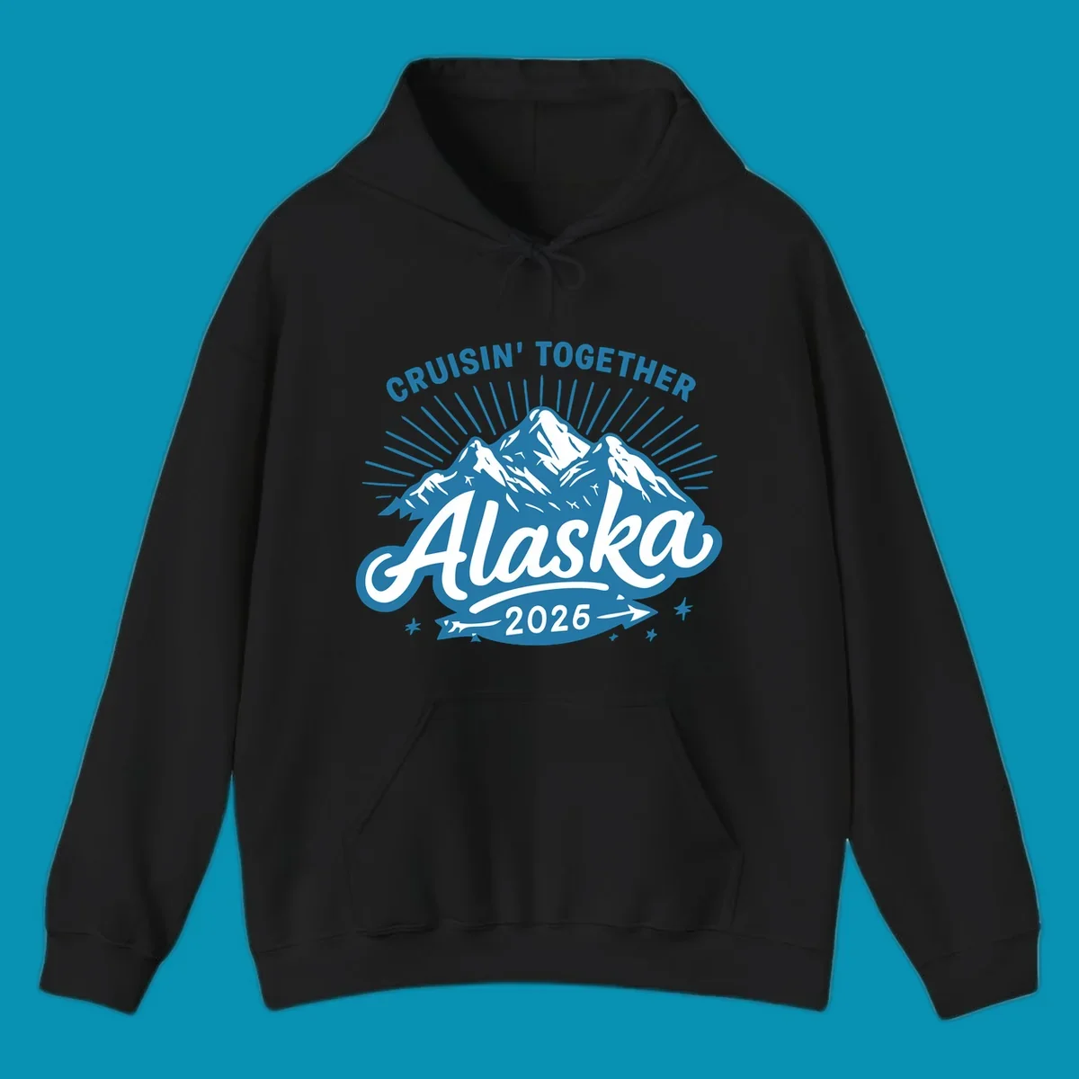 Cruisin Together Alaska design with three snow-capped mountains, radiating sun rays, and decorative stars on blue and white background