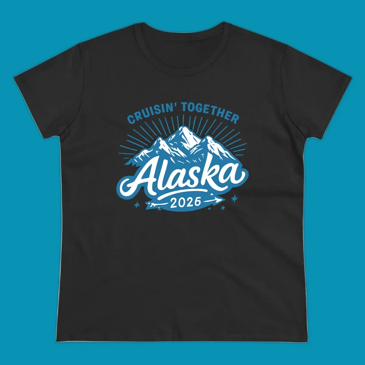 Cruisin Together Alaska design with three snow-capped mountains, radiating sun rays, and decorative stars on blue and white background
