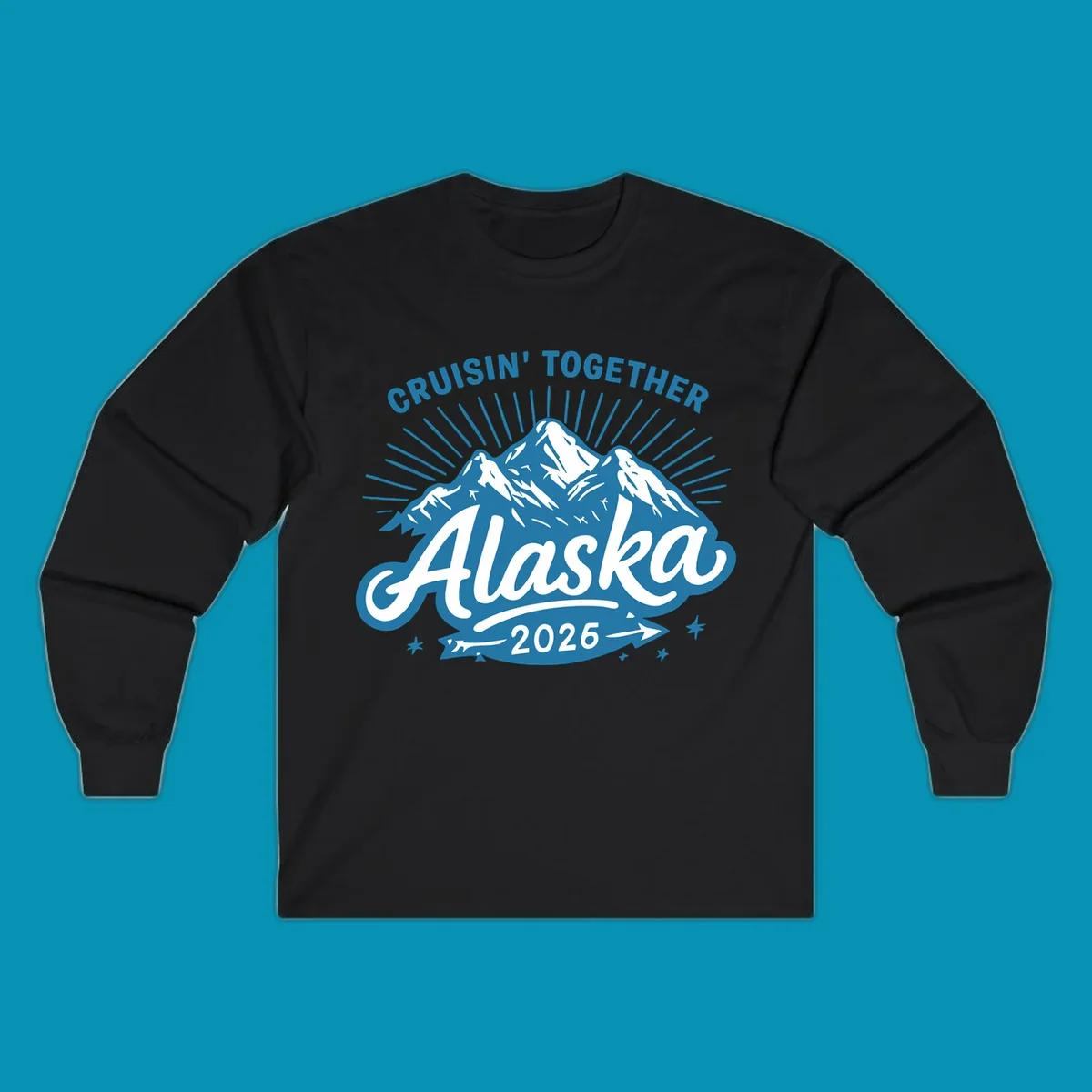 Cruisin Together Alaska design with three snow-capped mountains, radiating sun rays, and decorative stars on blue and white background