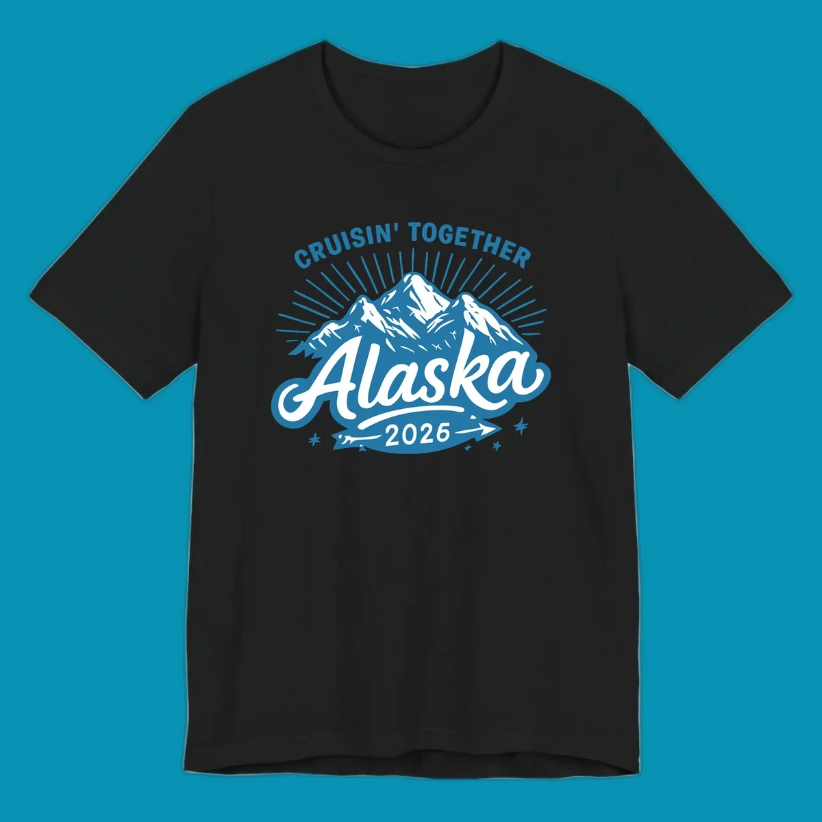 Cruisin Together Alaska design with three snow-capped mountains, radiating sun rays, and decorative stars on blue and white background