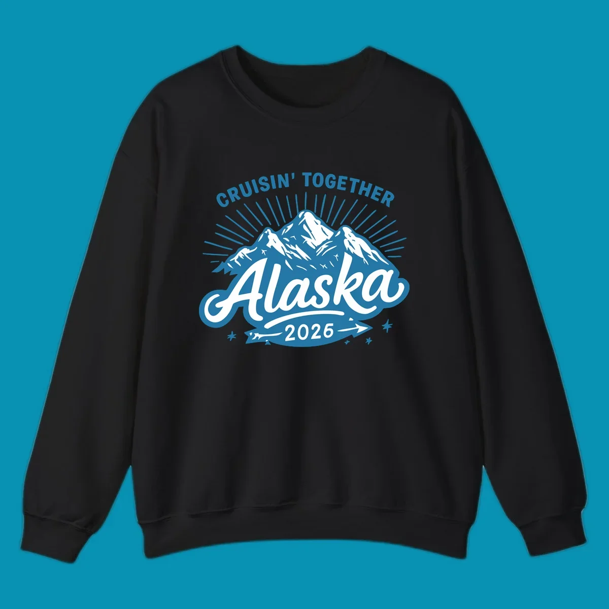 Cruisin Together Alaska design with three snow-capped mountains, radiating sun rays, and decorative stars on blue and white background