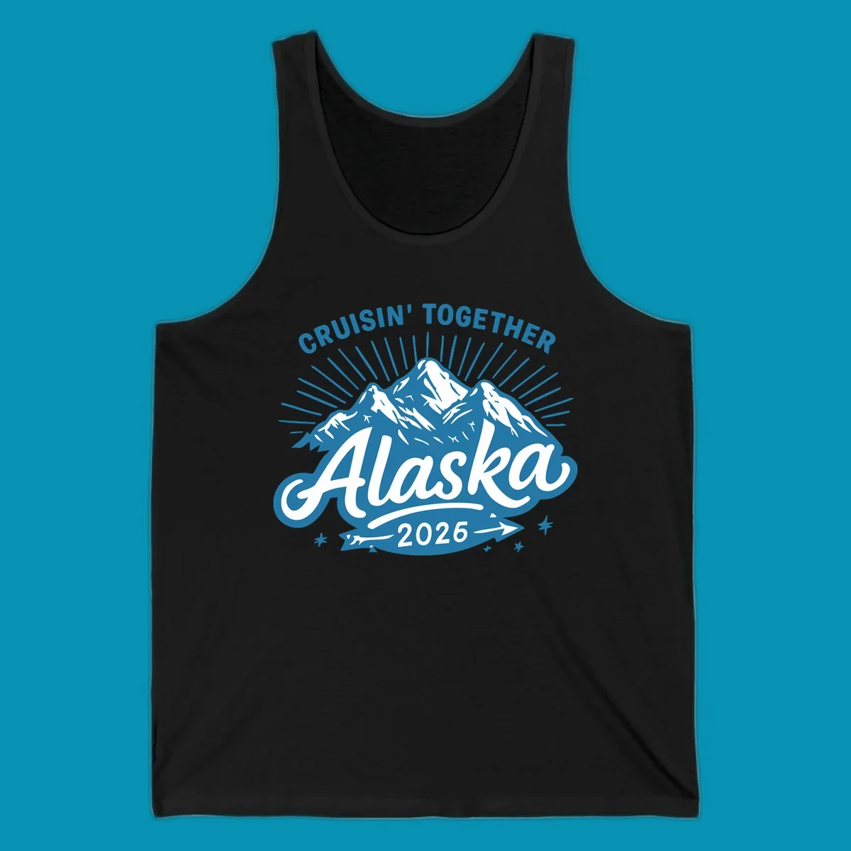 Cruisin Together Alaska design with three snow-capped mountains, radiating sun rays, and decorative stars on blue and white background