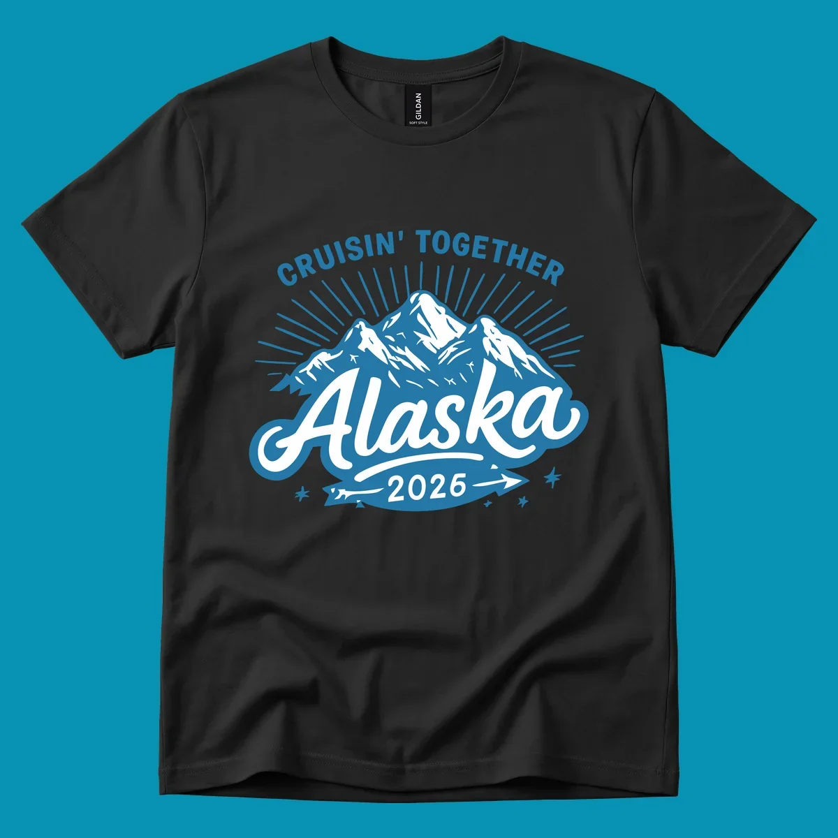 Cruisin Together Alaska design with three snow-capped mountains, radiating sun rays, and decorative stars on blue and white background