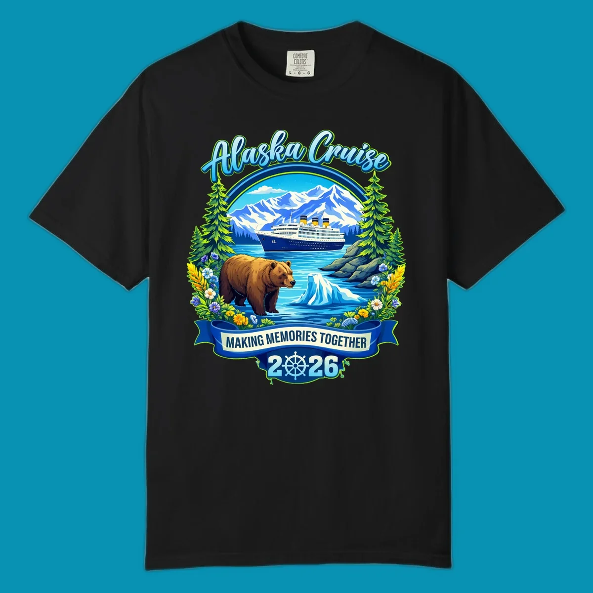 Alaska cruise scenic design with ship, snow mountains, brown bear, icebergs, trees and wildflowers with 'Making Memories Together 2026' text