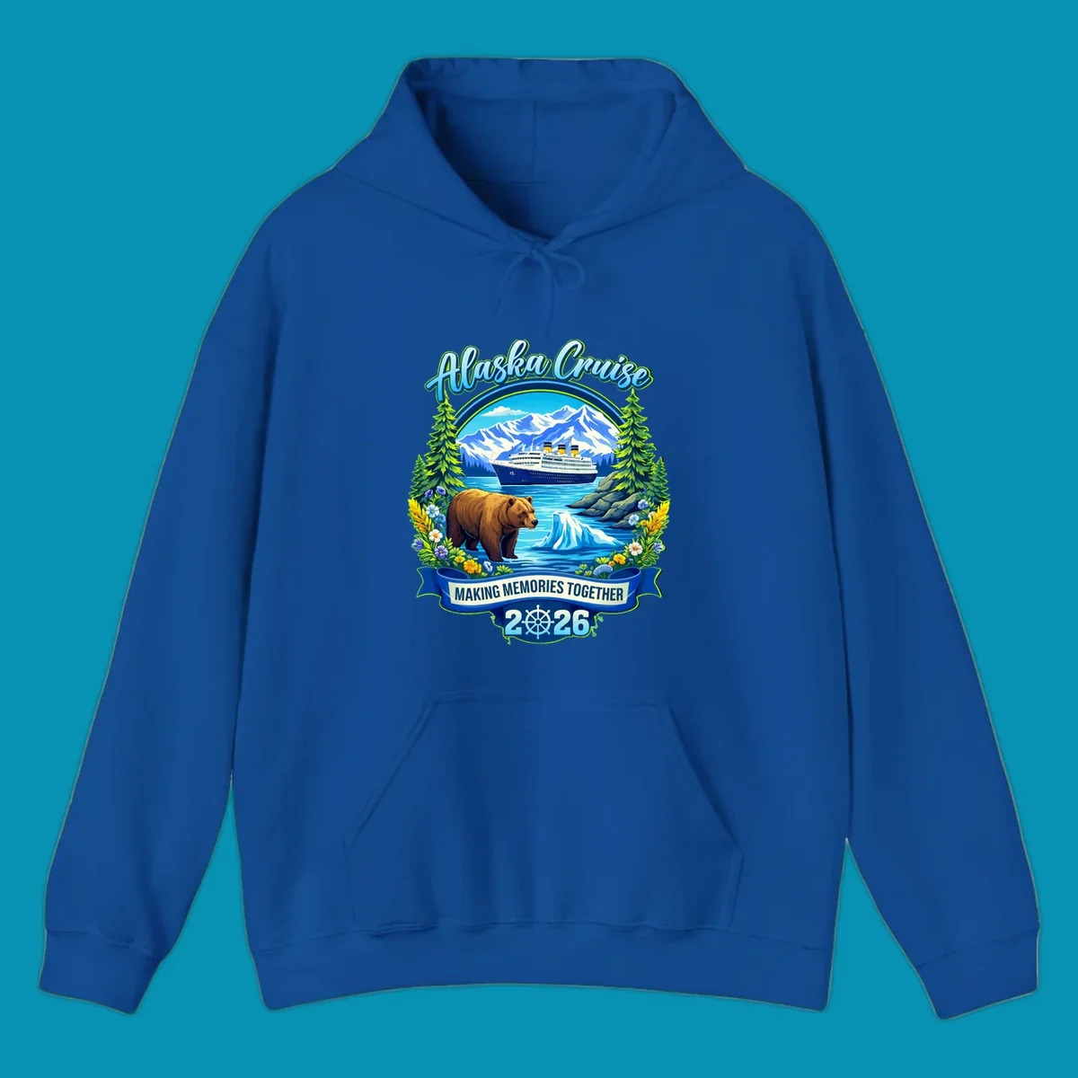 Alaska cruise scenic design with ship, snow mountains, brown bear, icebergs, trees and wildflowers with 'Making Memories Together 2026' text