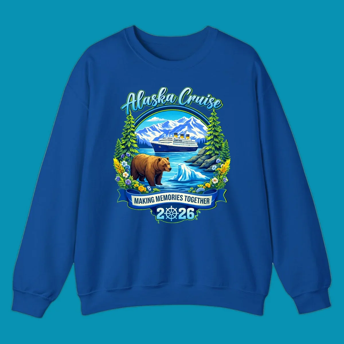Alaska cruise scenic design with ship, snow mountains, brown bear, icebergs, trees and wildflowers with 'Making Memories Together 2026' text