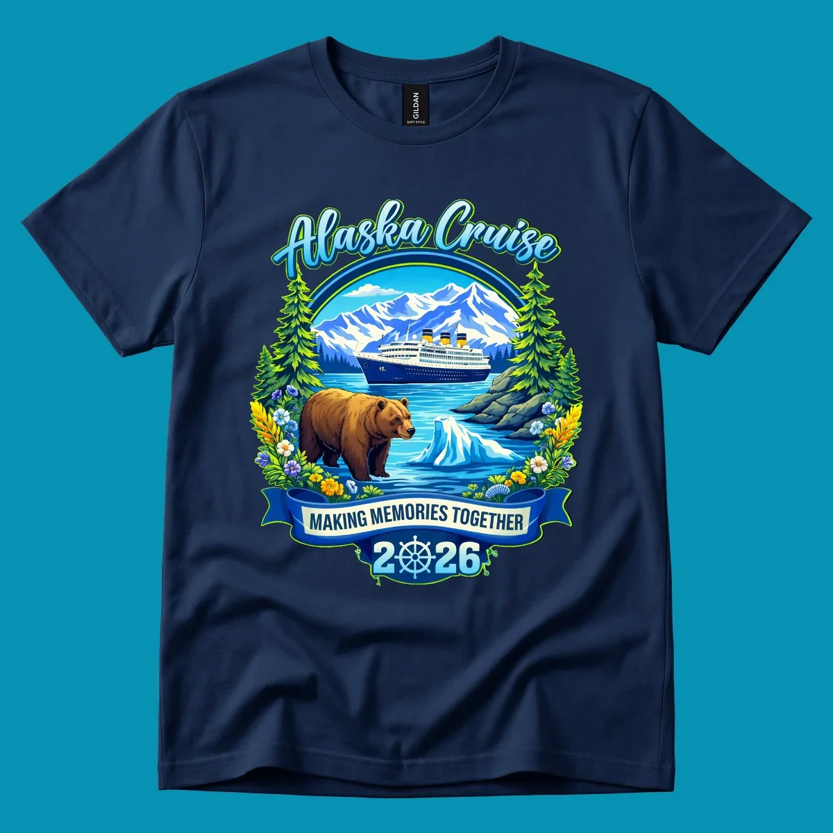 Alaska cruise scenic design with ship, snow mountains, brown bear, icebergs, trees and wildflowers with 'Making Memories Together 2026' text