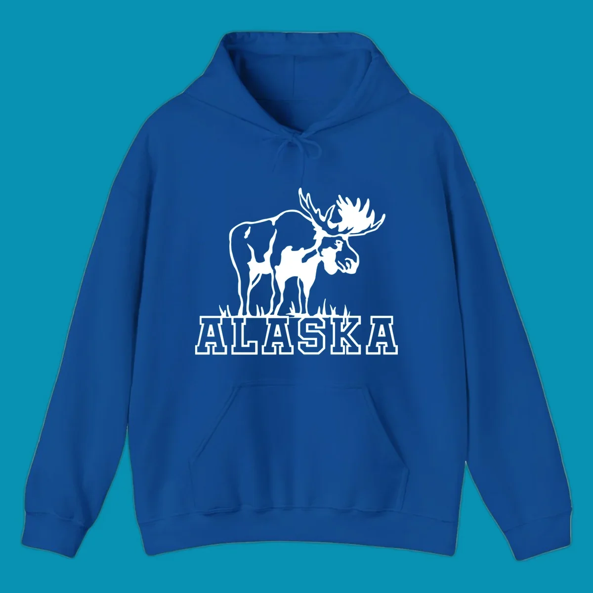 White silhouette of a majestic moose with large antlers standing with grass below and ALASKA text, moose-alaska-silhouette design