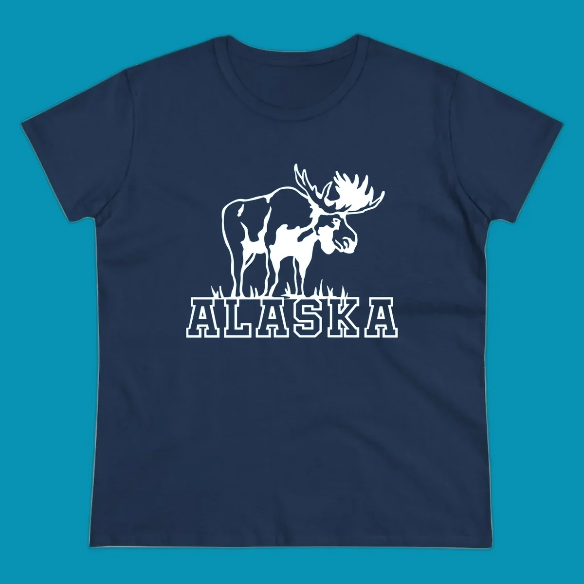 White silhouette of a majestic moose with large antlers standing with grass below and ALASKA text, moose-alaska-silhouette design