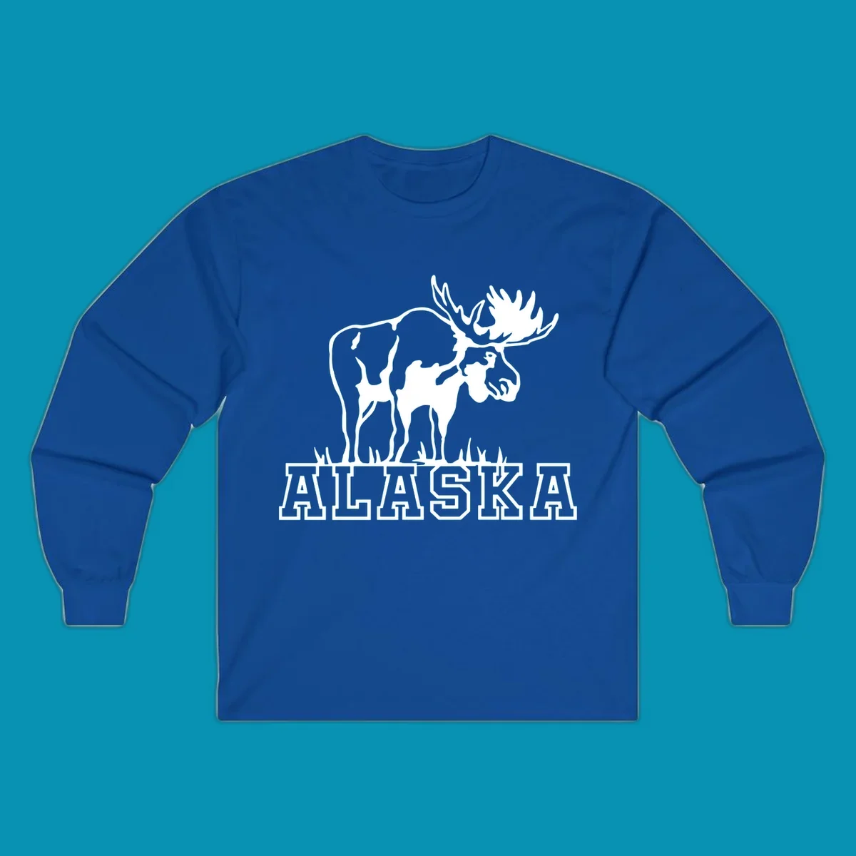 White silhouette of a majestic moose with large antlers standing with grass below and ALASKA text, moose-alaska-silhouette design