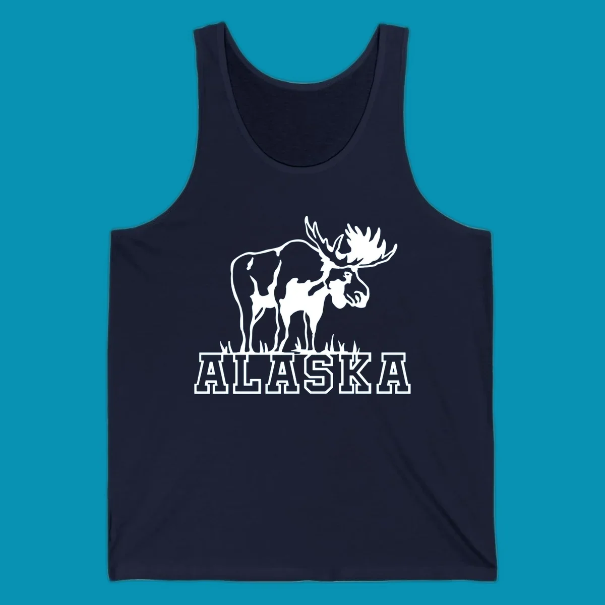 White silhouette of a majestic moose with large antlers standing with grass below and ALASKA text, moose-alaska-silhouette design