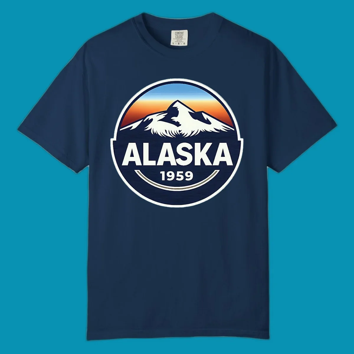 Alaska 1959 mountain eagle badge design featuring white mountains and an eagle against a blue and orange sky, with 'ALASKA' and '1959' text.