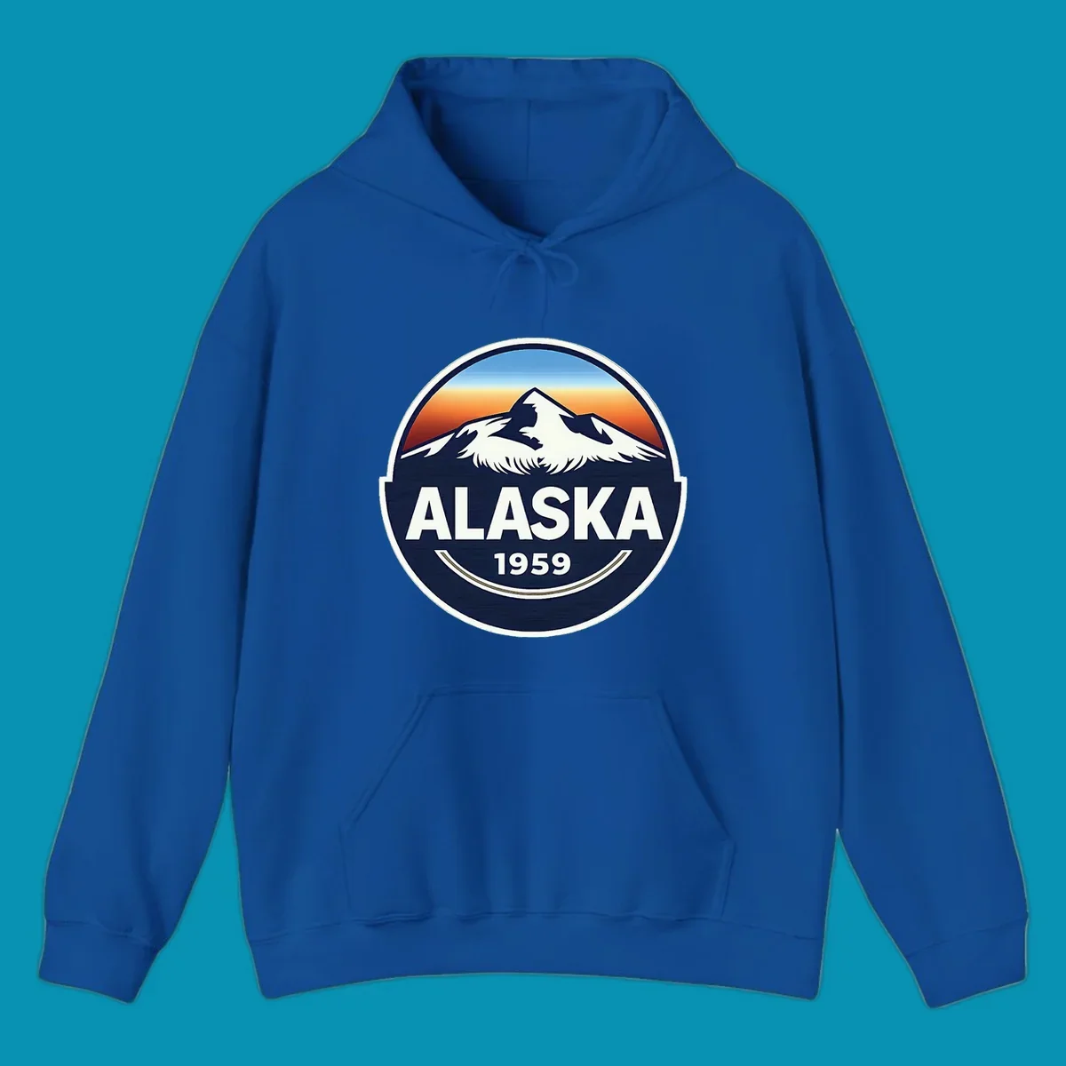Alaska 1959 mountain eagle badge design featuring white mountains and an eagle against a blue and orange sky, with 'ALASKA' and '1959' text.