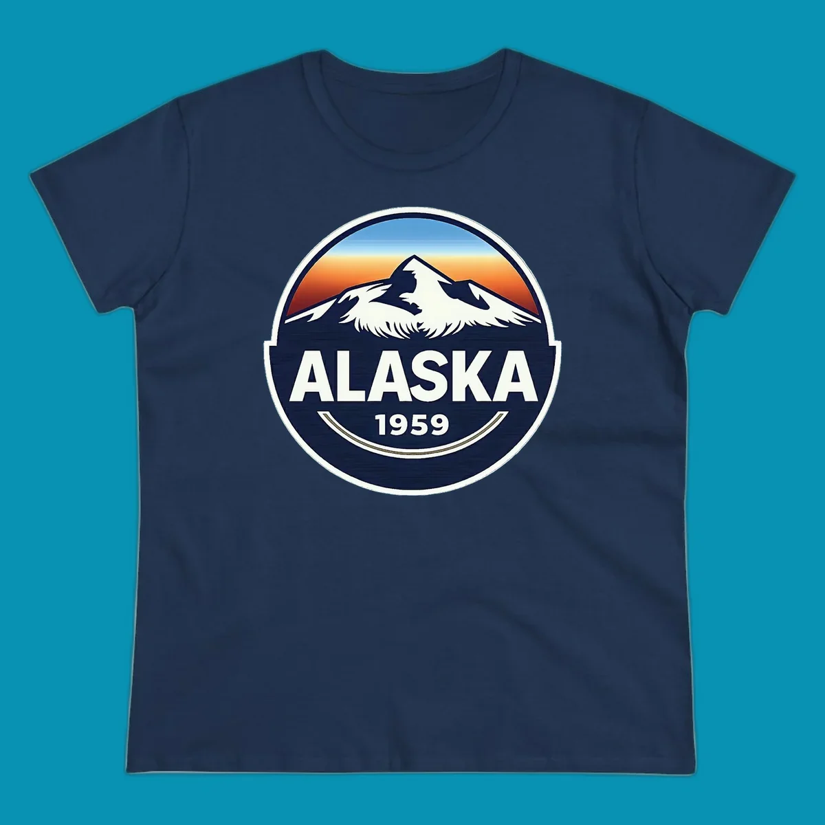 Alaska 1959 mountain eagle badge design featuring white mountains and an eagle against a blue and orange sky, with 'ALASKA' and '1959' text.