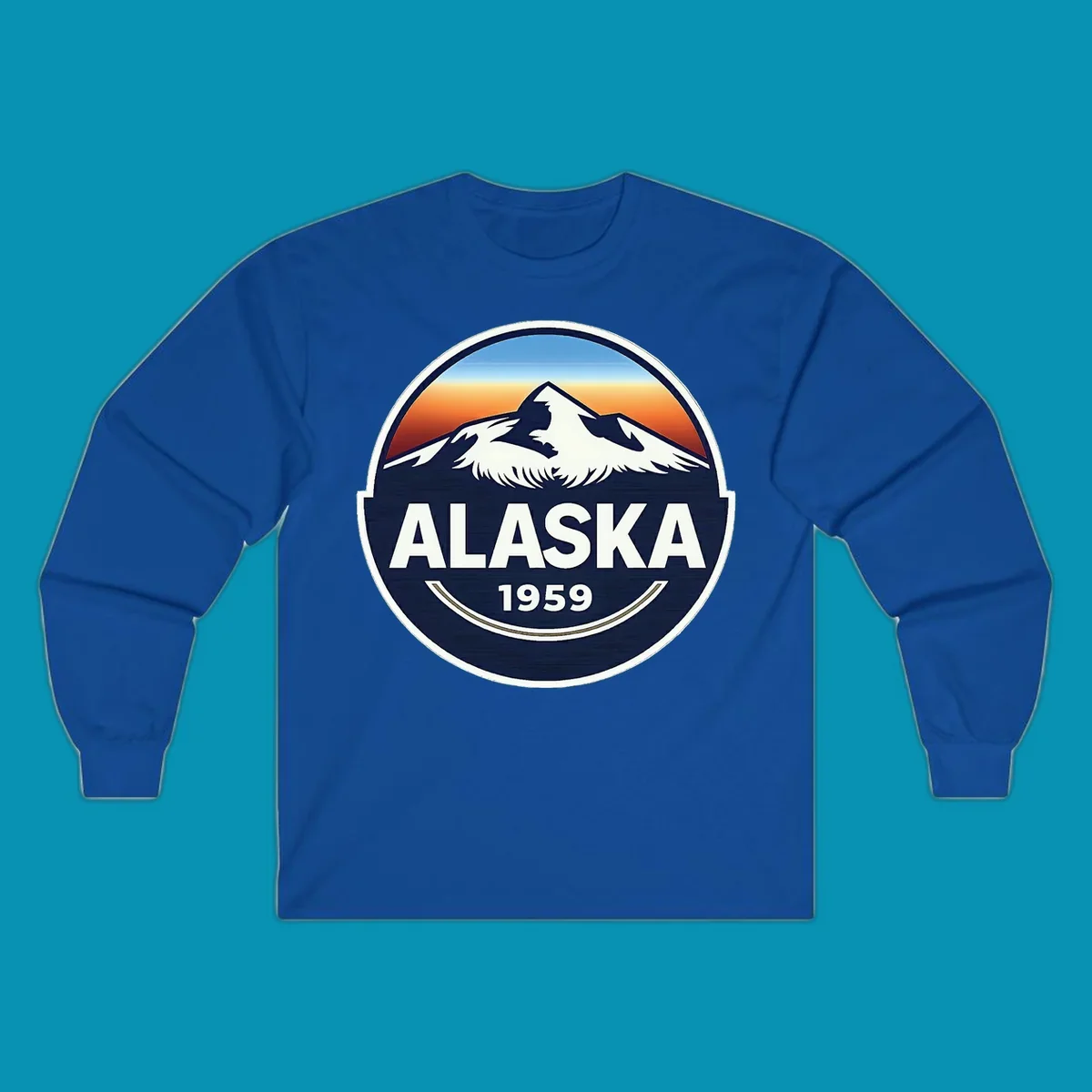 Alaska 1959 mountain eagle badge design featuring white mountains and an eagle against a blue and orange sky, with 'ALASKA' and '1959' text.