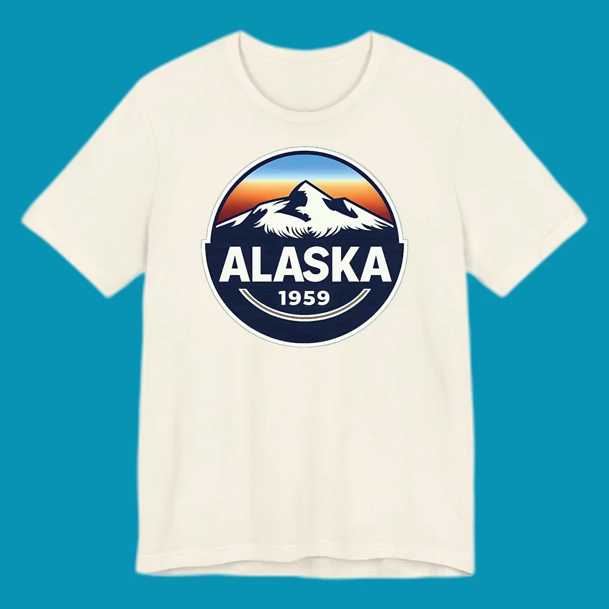 Alaska 1959 mountain eagle badge design featuring white mountains and an eagle against a blue and orange sky, with 'ALASKA' and '1959' text.