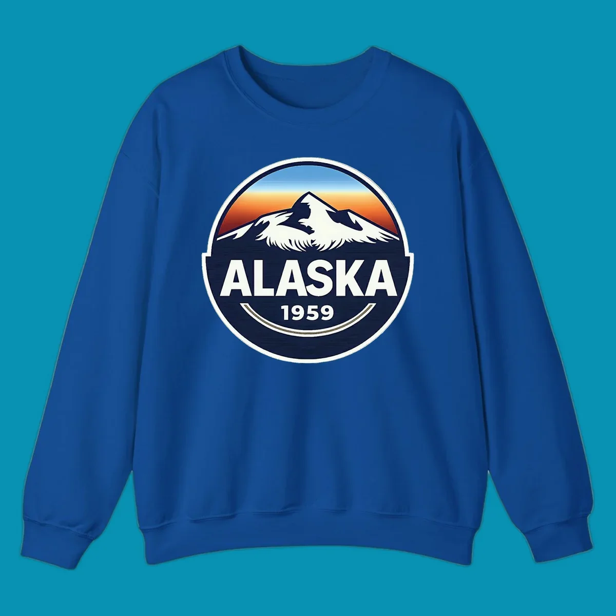 Alaska 1959 mountain eagle badge design featuring white mountains and an eagle against a blue and orange sky, with 'ALASKA' and '1959' text.