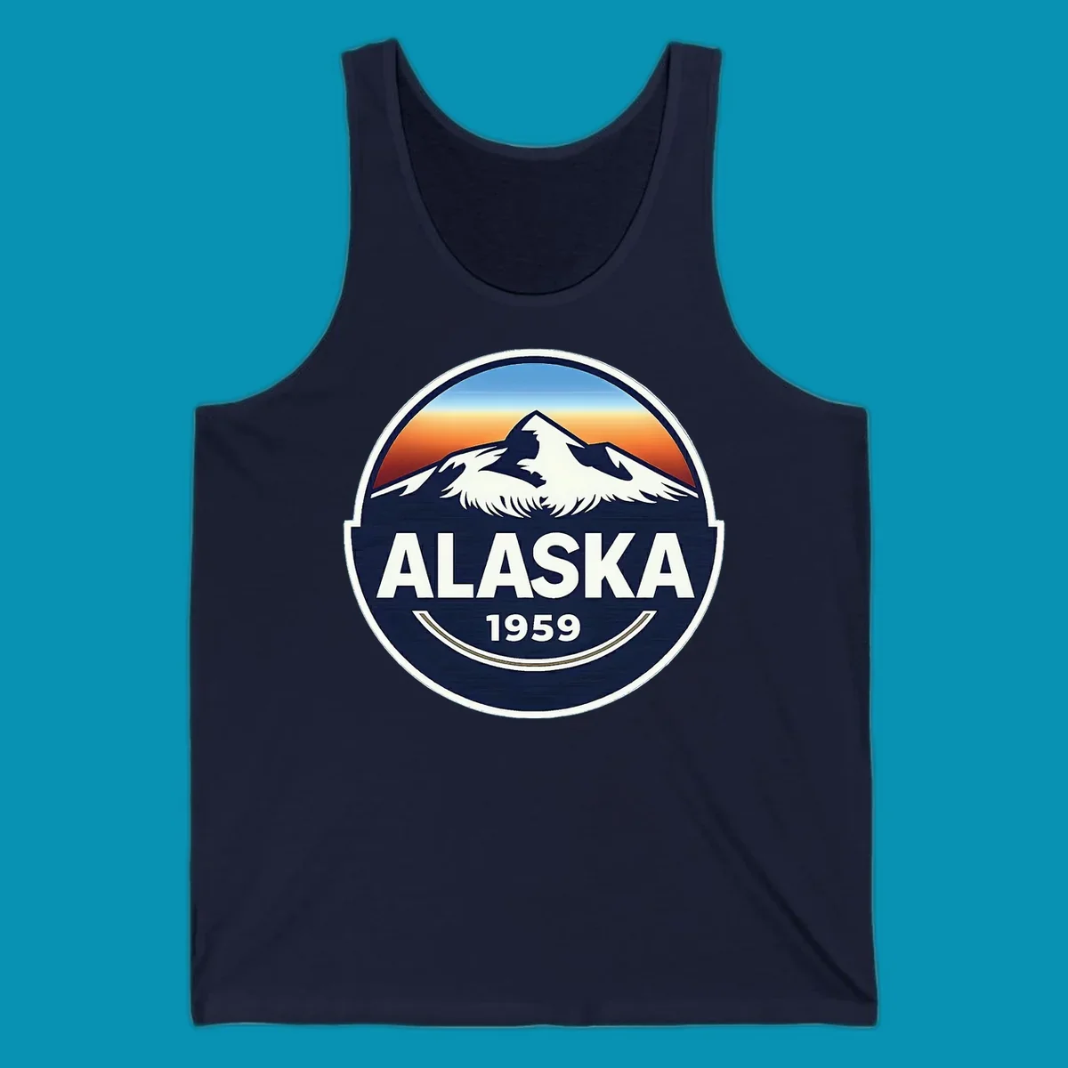 Alaska 1959 mountain eagle badge design featuring white mountains and an eagle against a blue and orange sky, with 'ALASKA' and '1959' text.