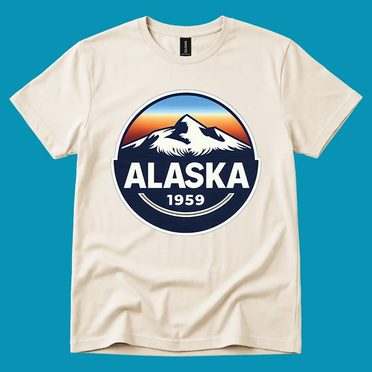 Alaska 1959 mountain eagle badge design featuring white mountains and an eagle against a blue and orange sky, with 'ALASKA' and '1959' text.