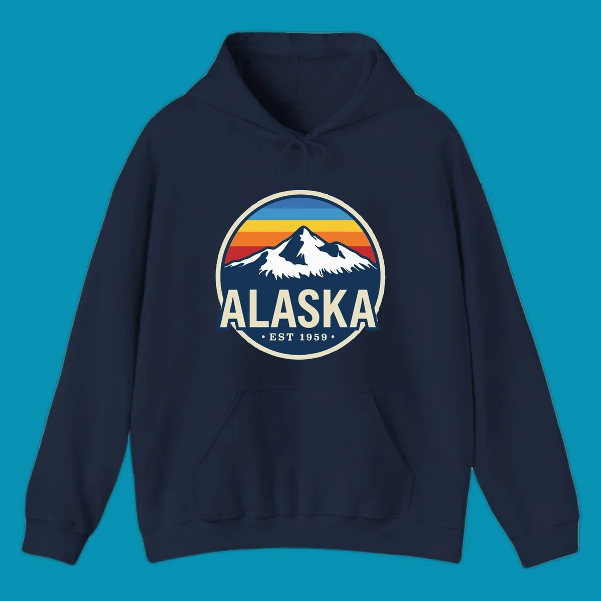 A circular alaska-mountain-range-sunset-badge design with retro stripes and white peaks above bold Alaska text.