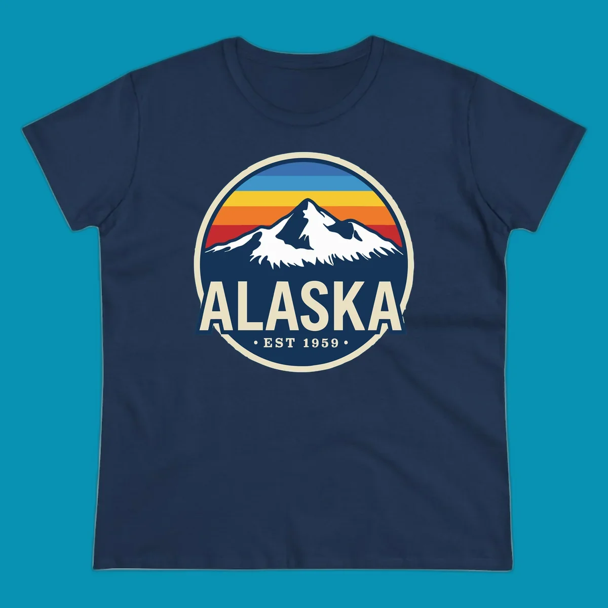 A circular alaska-mountain-range-sunset-badge design with retro stripes and white peaks above bold Alaska text.