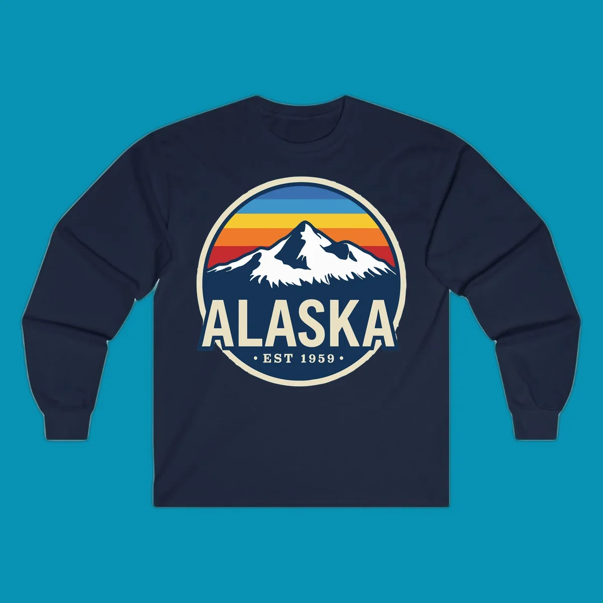A circular alaska-mountain-range-sunset-badge design with retro stripes and white peaks above bold Alaska text.