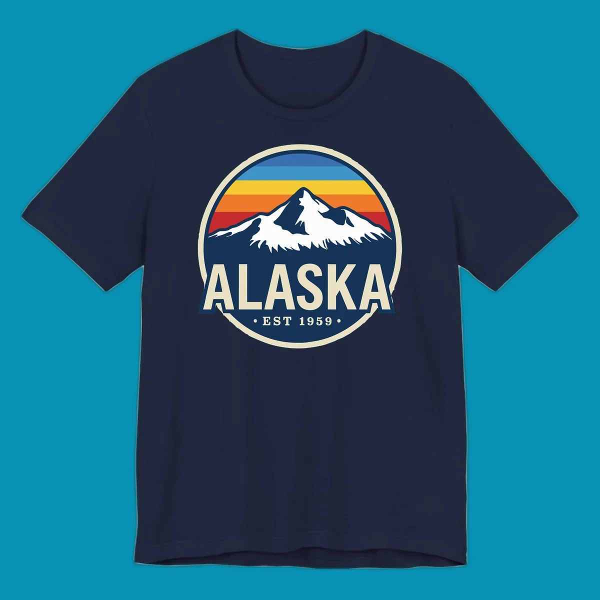 A circular alaska-mountain-range-sunset-badge design with retro stripes and white peaks above bold Alaska text.